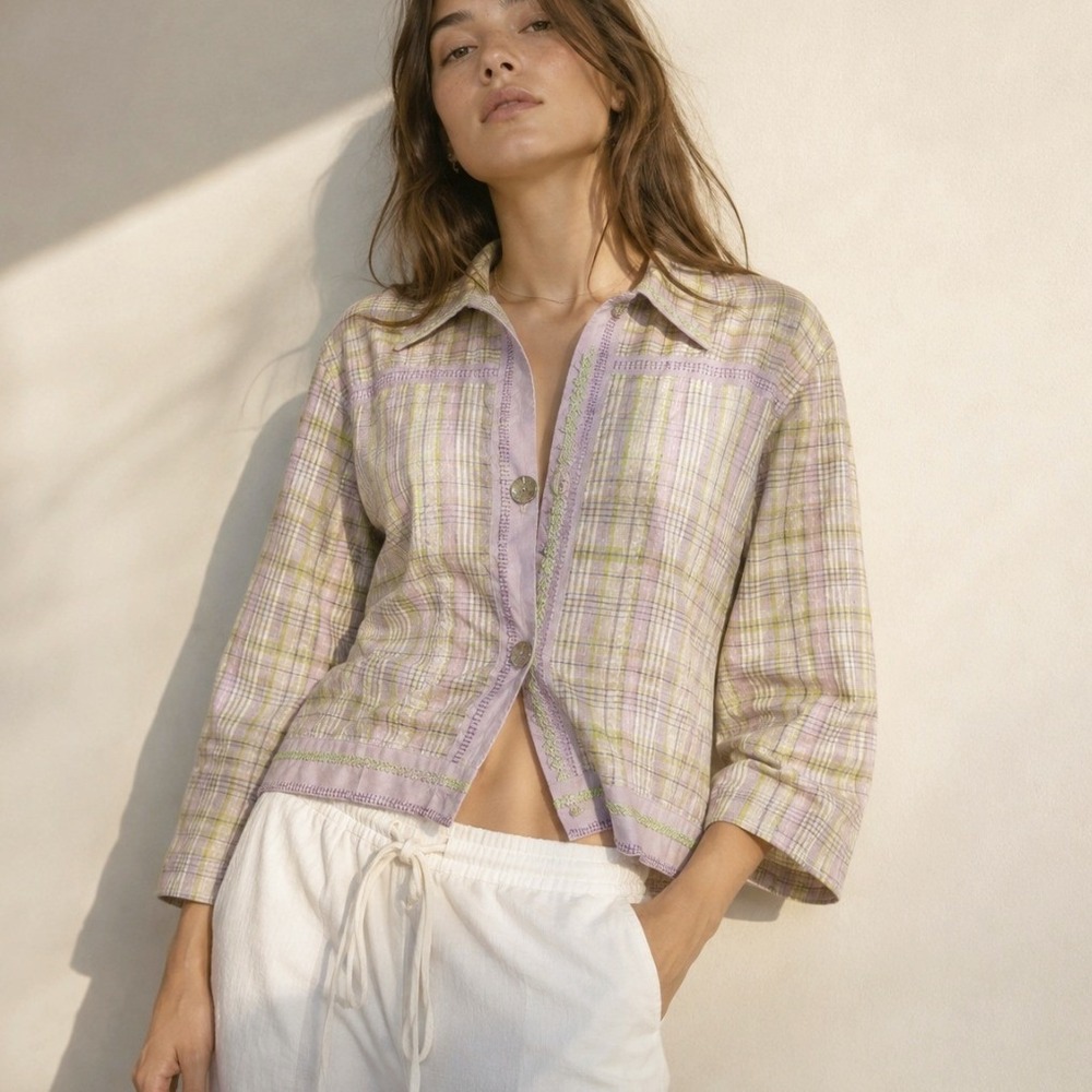 Vintage 100% Silk Plaid Canvasbacks Jacket XS Purple Green Art to Wear Preppy‎